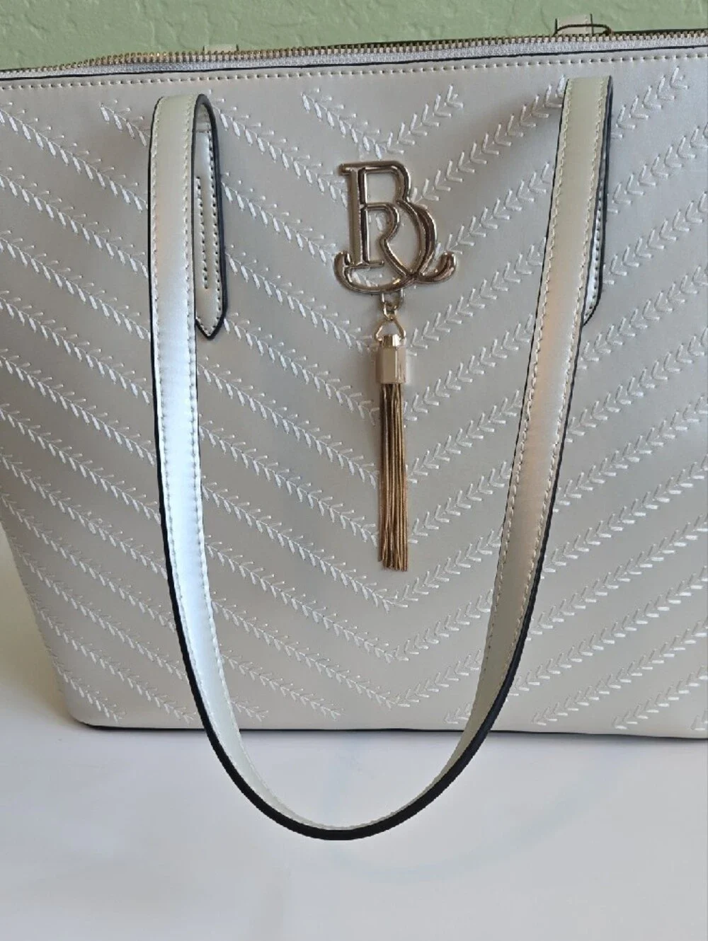 Silver Chevron Embossed Work Tote Bag NWT Large Shoulder Purse Brangio Italy NWT